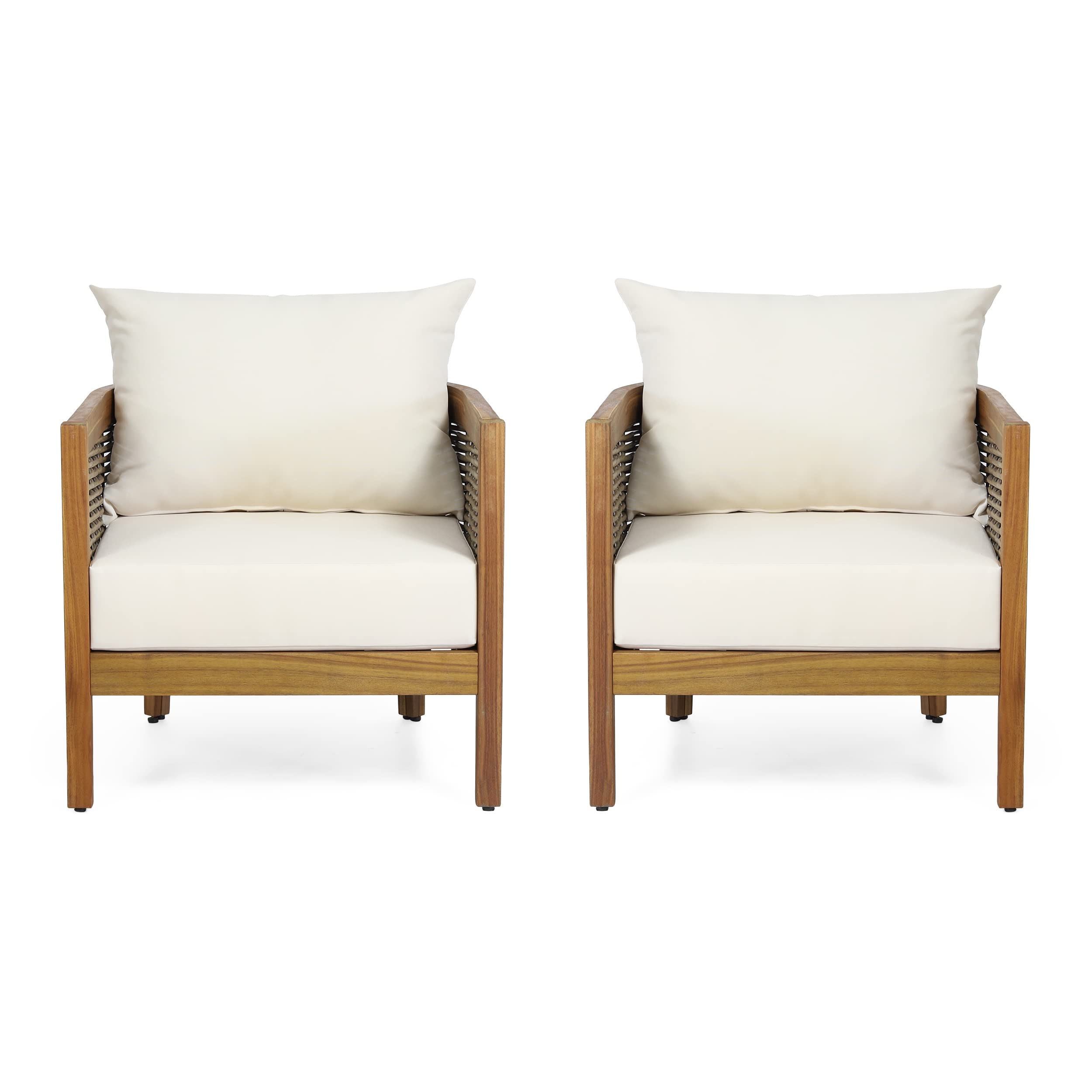 Knight Home Burchett Outdoor Acacia Wood Club Chairs with Cushions, Beige, Brown