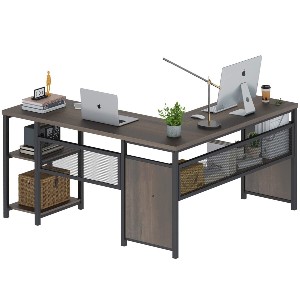 Shaped Computer Desk with Wood Shelves, Industrial Reversible Home Office Corner Desk