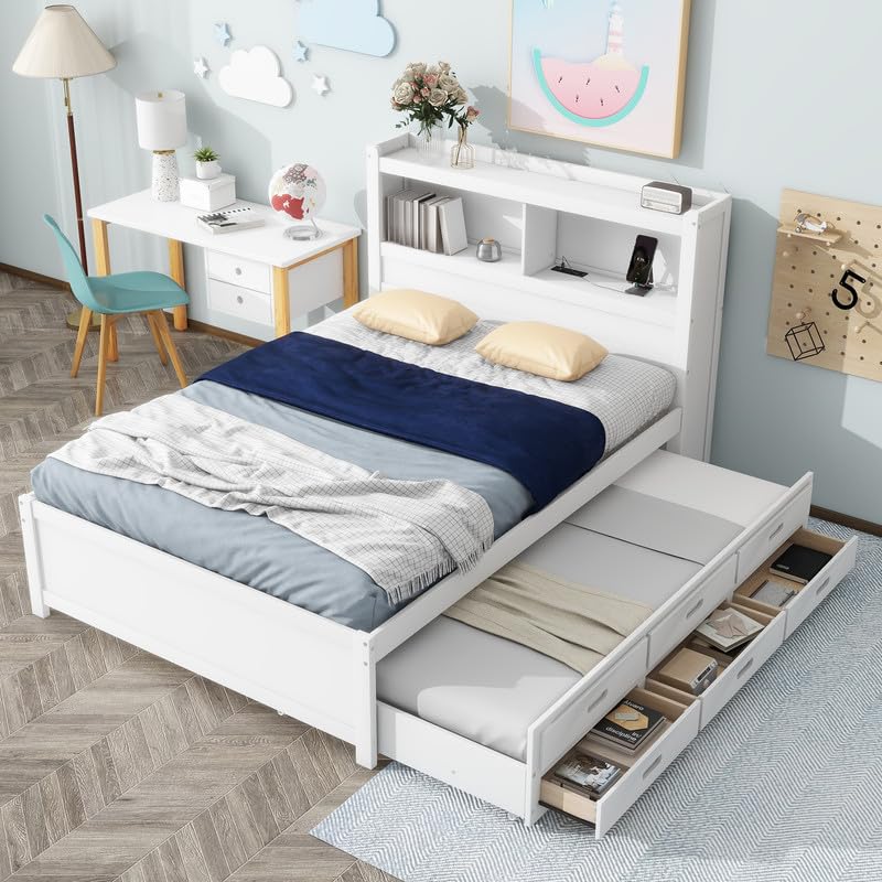 Size Daybed with Storage Headboard, Trundle and 2 Drawers, Built-in USB Plugs, Full Bed