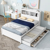 Size Daybed with Storage Headboard, Trundle and 2 Drawers, Built-in USB Plugs, Full Bed
