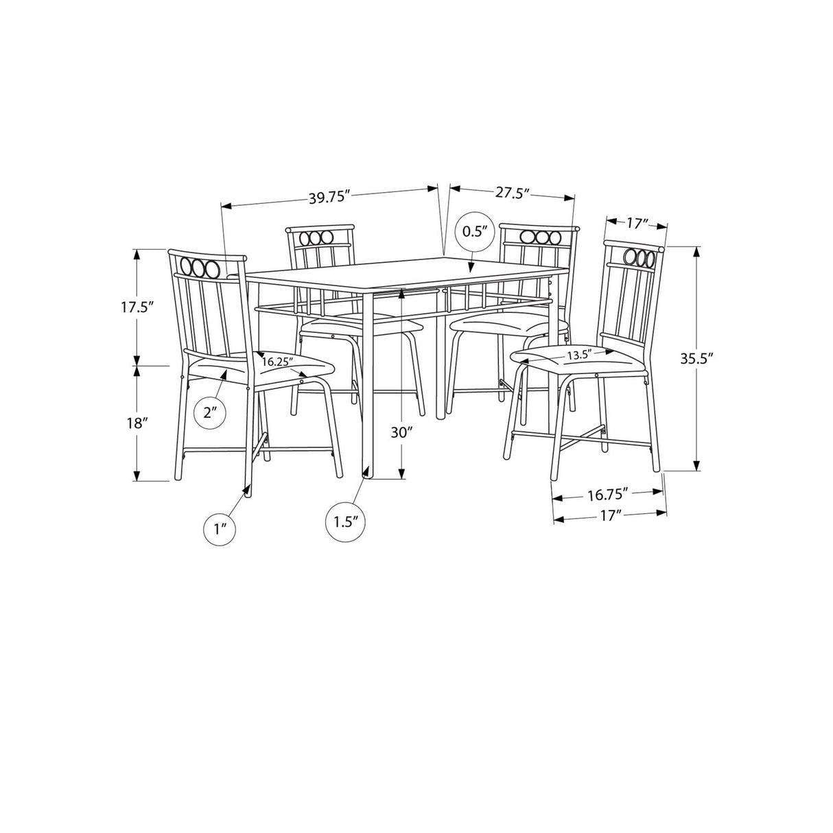 Monarch Specialties 1014 Table, 5pcs, Small, 40" Rectangular, Kitchen, White Marble Look Laminate 5 Piece Dining Set, 39.75" L x 27.5" W x 30" H