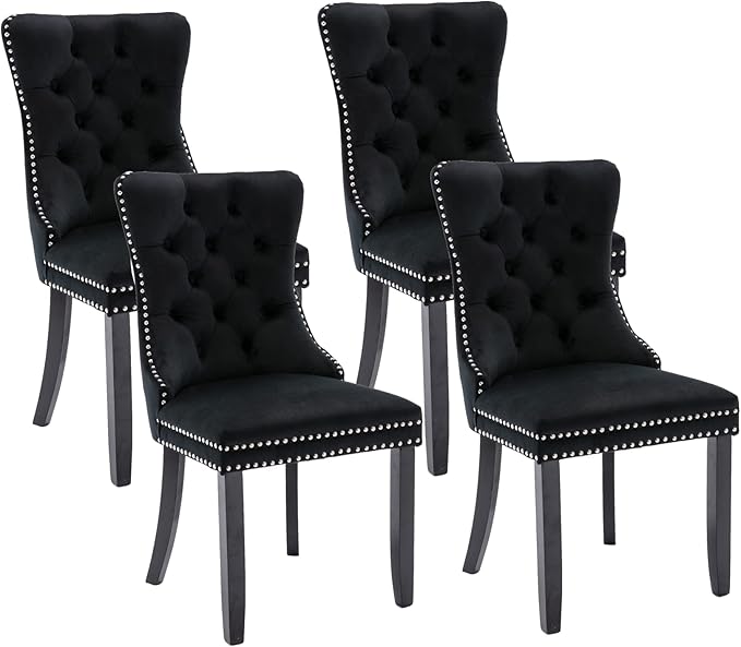 Tufted Dining Chairs Set of 4, Velvet Upholstered Dining Chairs with Nailhead Back and Ring Pull Trim