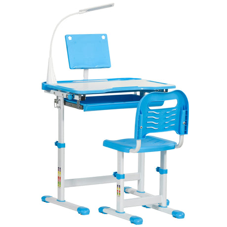 and Chair Set, School Study Desk with USB Light, Storage Drawer for Writing, Activities, Arts, or Crafts, Blue and White