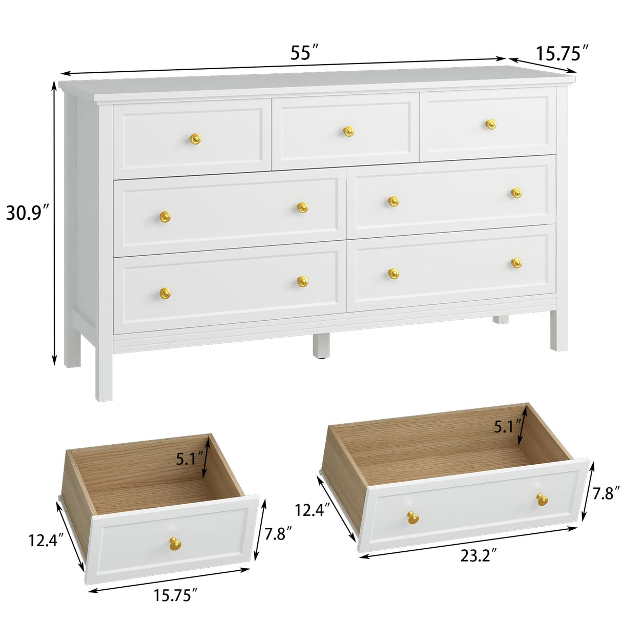 White Dresser for Bedroom, 7 Drawer Dresser with Wide Drawers