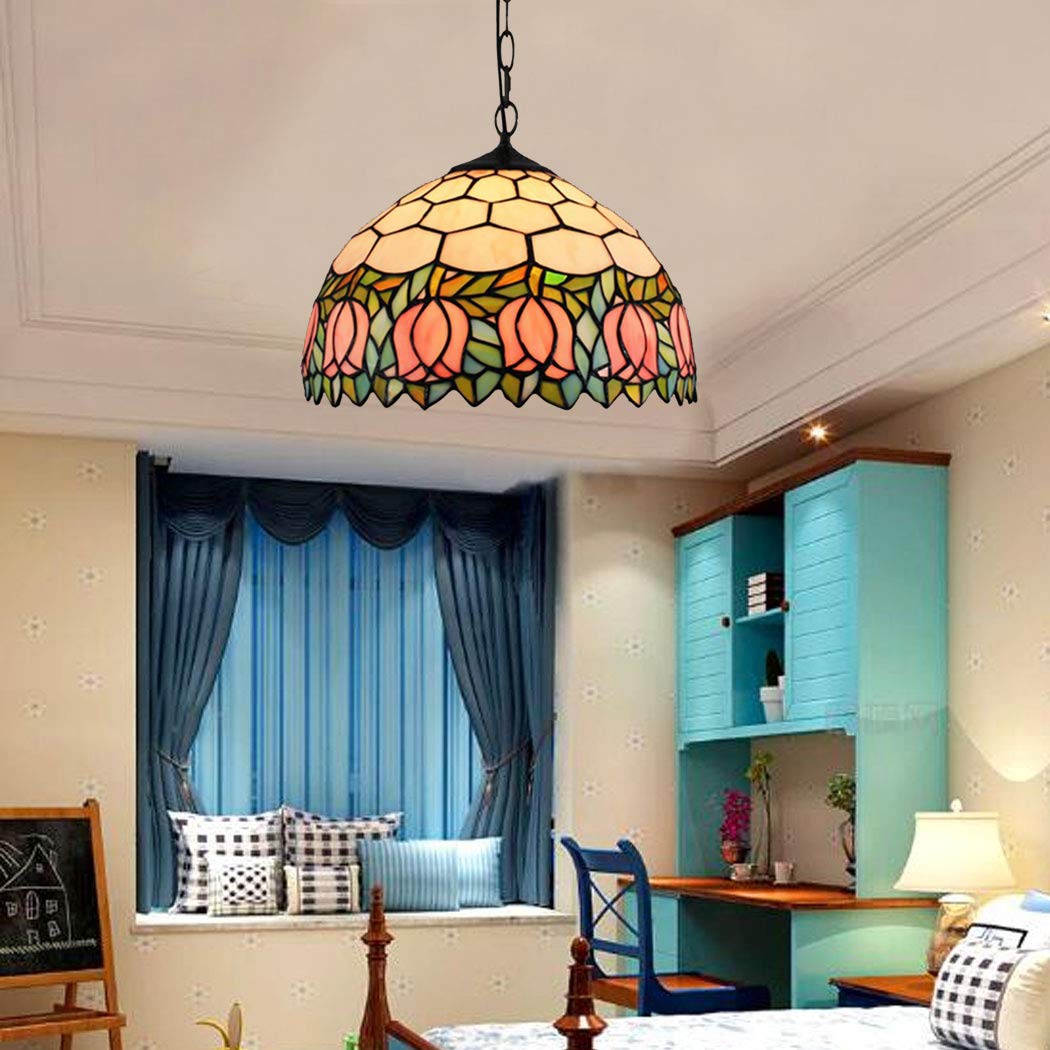 12 Inch Tiffany Style Pendant Lamp Vintage Pastoral Stained Glass Flowers Shade Ceiling