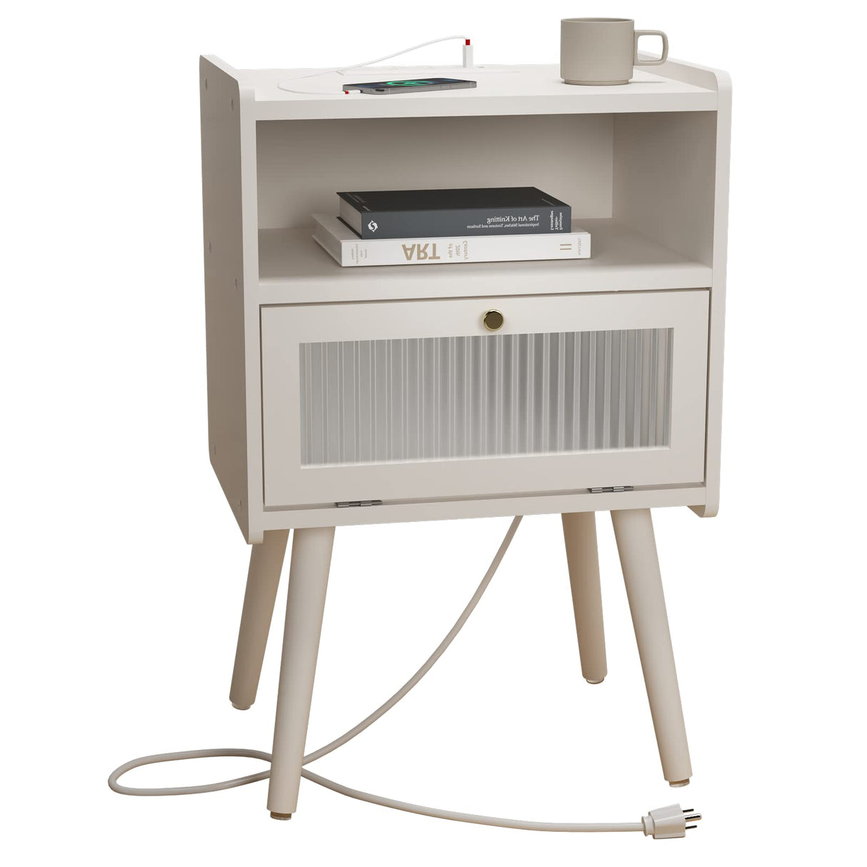 Century Modern Nightstand with Charging Station, Bedside Tables with Glass Decorative Door,