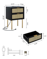 Rattan Nightstand with Charging Station, 2 Drawer Dresser for Bedroom