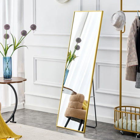 Aluminium Alloy Metal Frame Wall Mounted Full Body Mirror,Bathroom Vanity Mirror, Bedroom Home Porch, Decorative Mirror, Clothing Store, Floor Mounted Large Mirror,.Golden 63"*20"