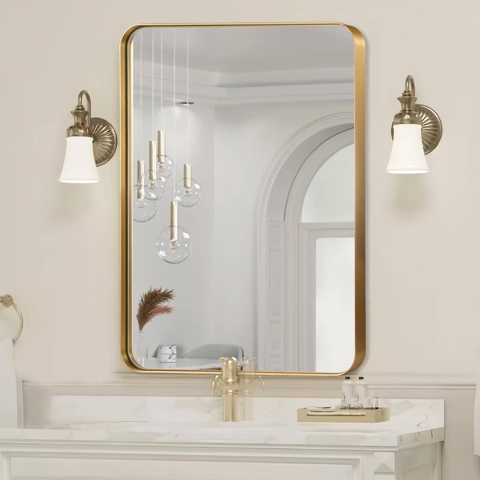 Brushed Metal Framed Rectangle Mirror with Rounded Corner