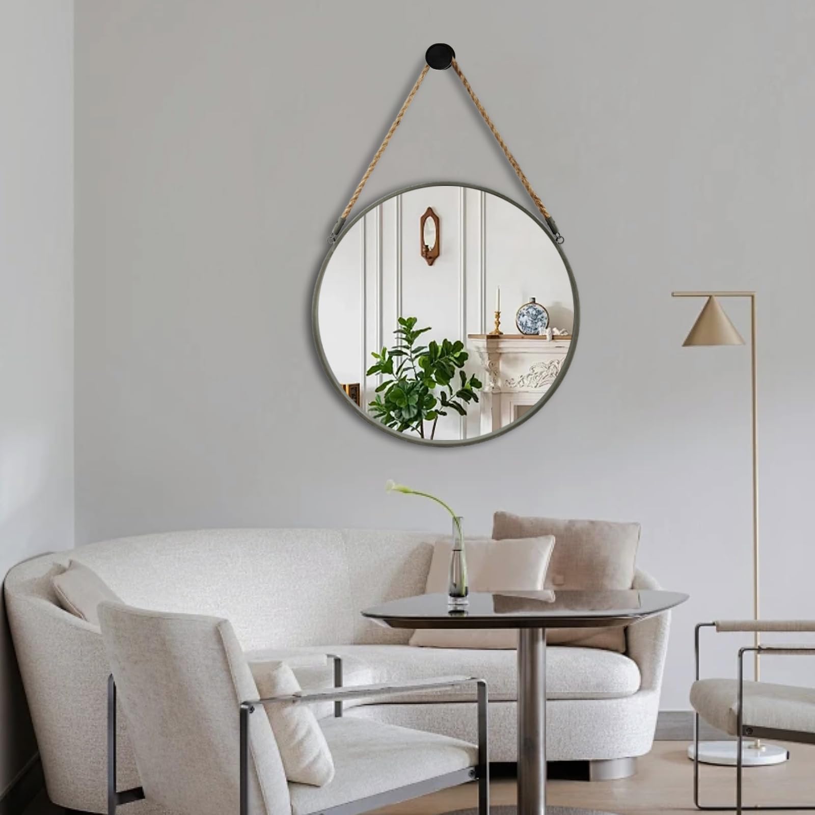 Round Hanging Mirror, Circle Wall Mirror with Rope, Farmhouse Mirror
