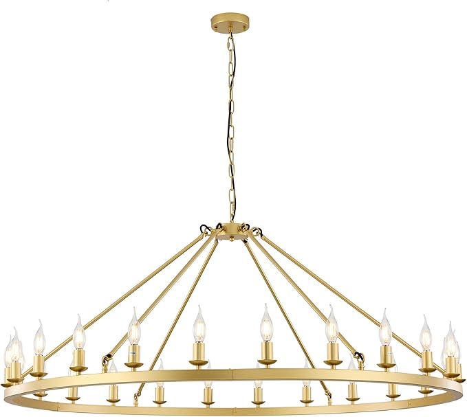 Modern Metal Chromed Chandelier,24-Light 53 inch Luxury Sand Gold Wagon Wheel