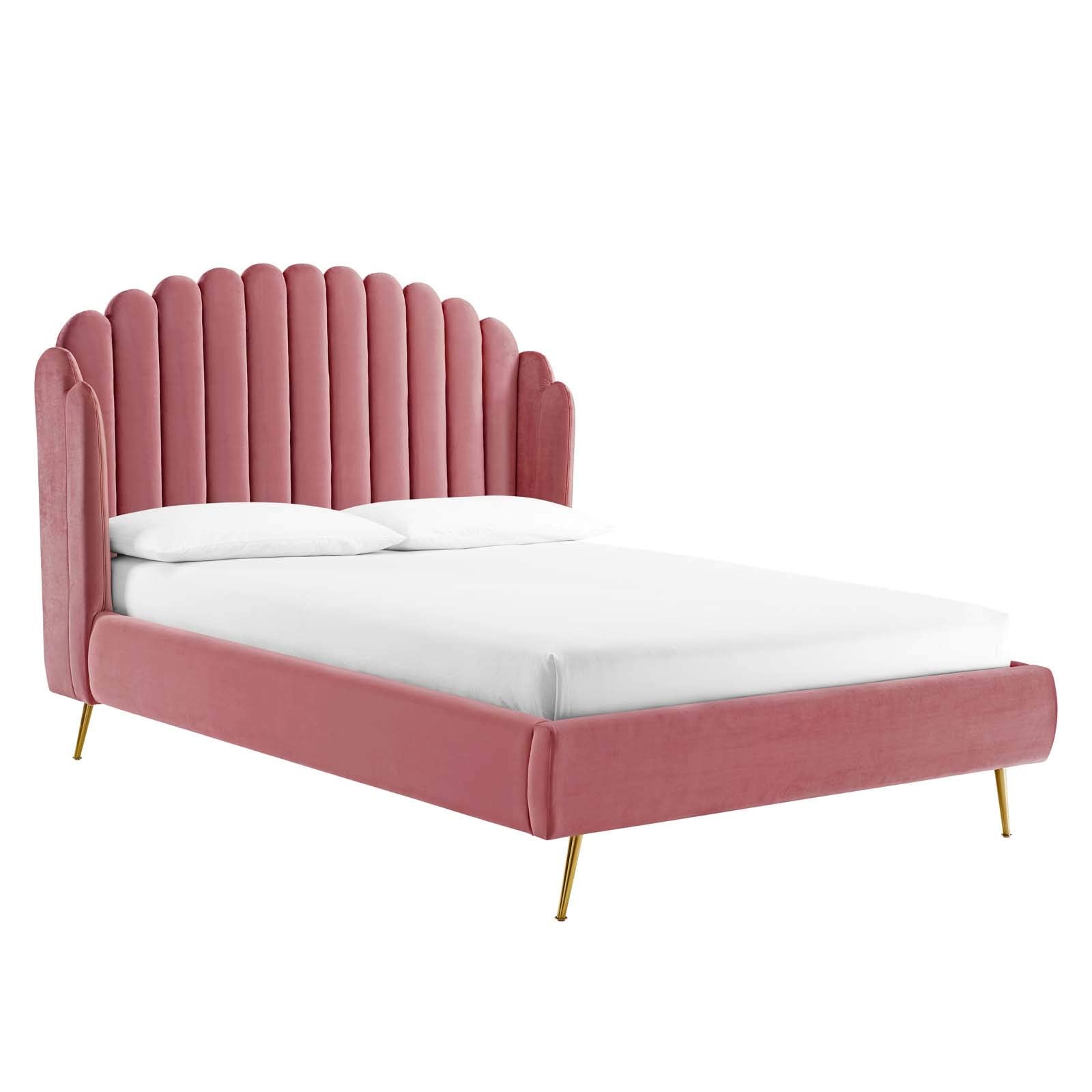 Lana Queen Wingback Platform Bed - Dusty Rose Velvet