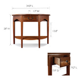 One Drawer Demilune Hall Console with Shelf, Medium Oak, 34.8" W