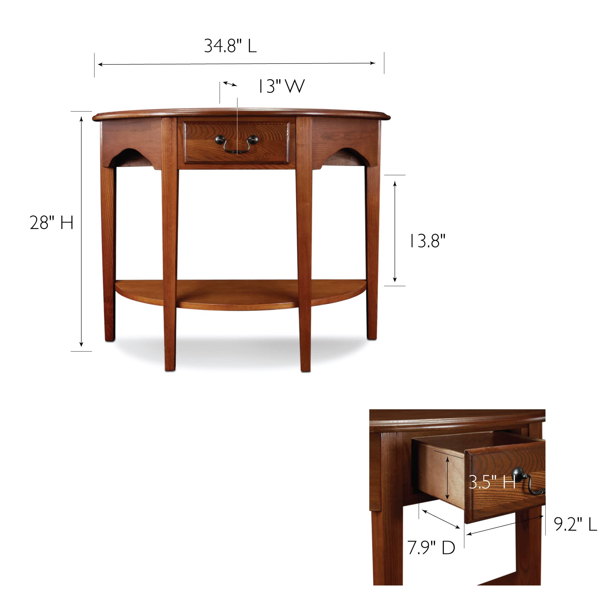 One Drawer Demilune Hall Console with Shelf, Medium Oak, 34.8" W