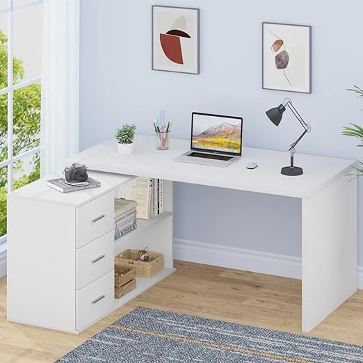 L Shaped Computer Desk with Drawers, 360 Rotating L Shape Desk with Storage Cabinet