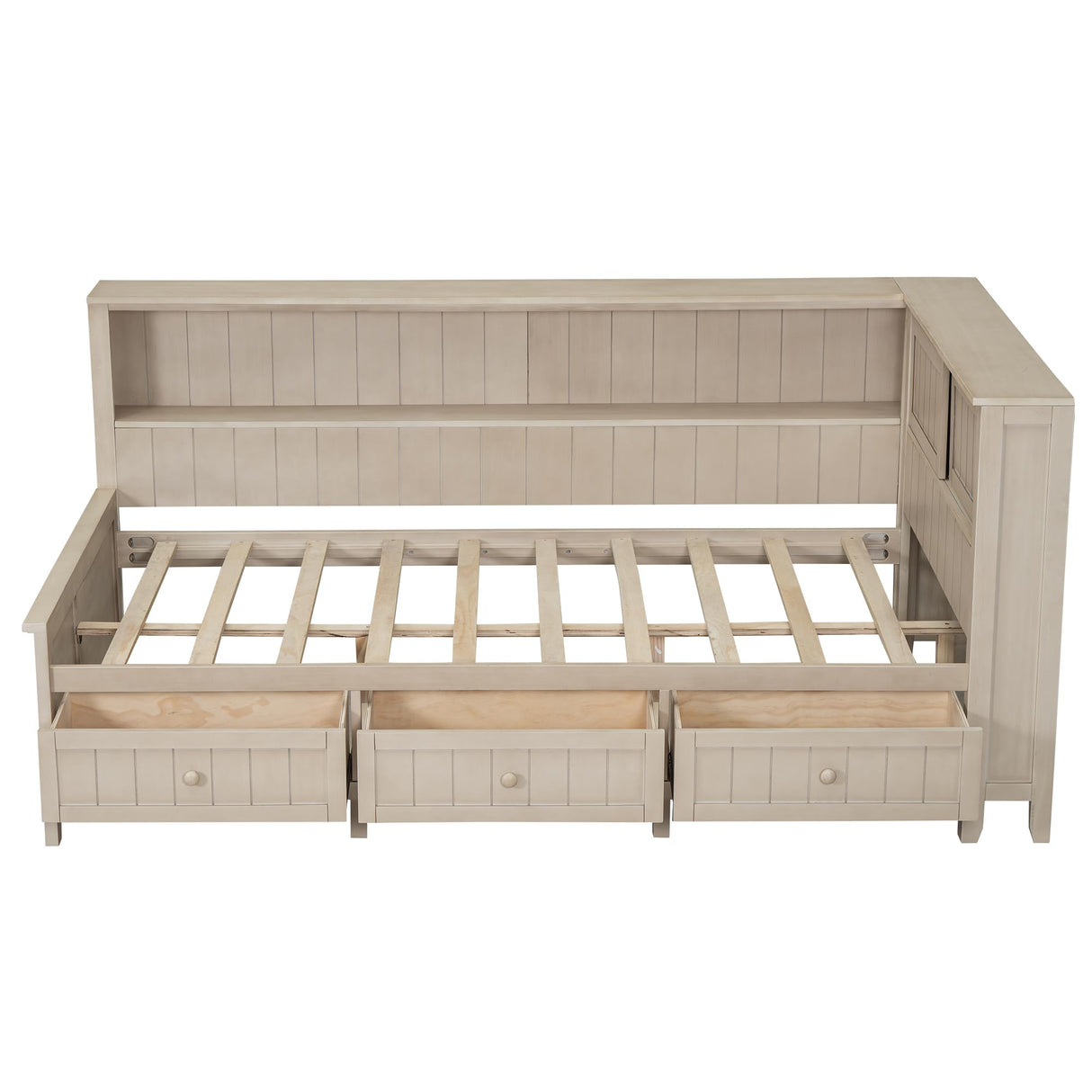 Wood Twin Daybed Frame with Storage Shelves and 3 Drawers, Antique White Milk