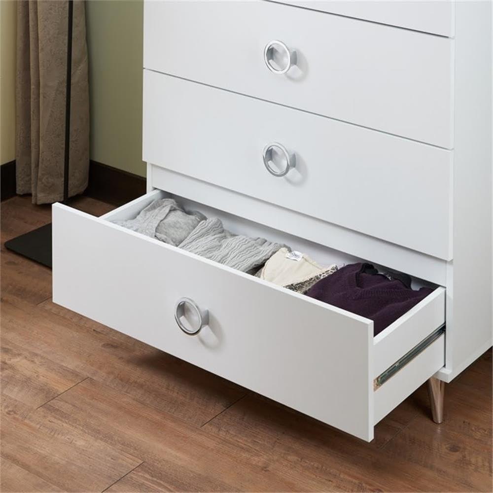 Acme Elms Wooden Rectangular Chest with 5 Storage Drawers in White and Chrome
