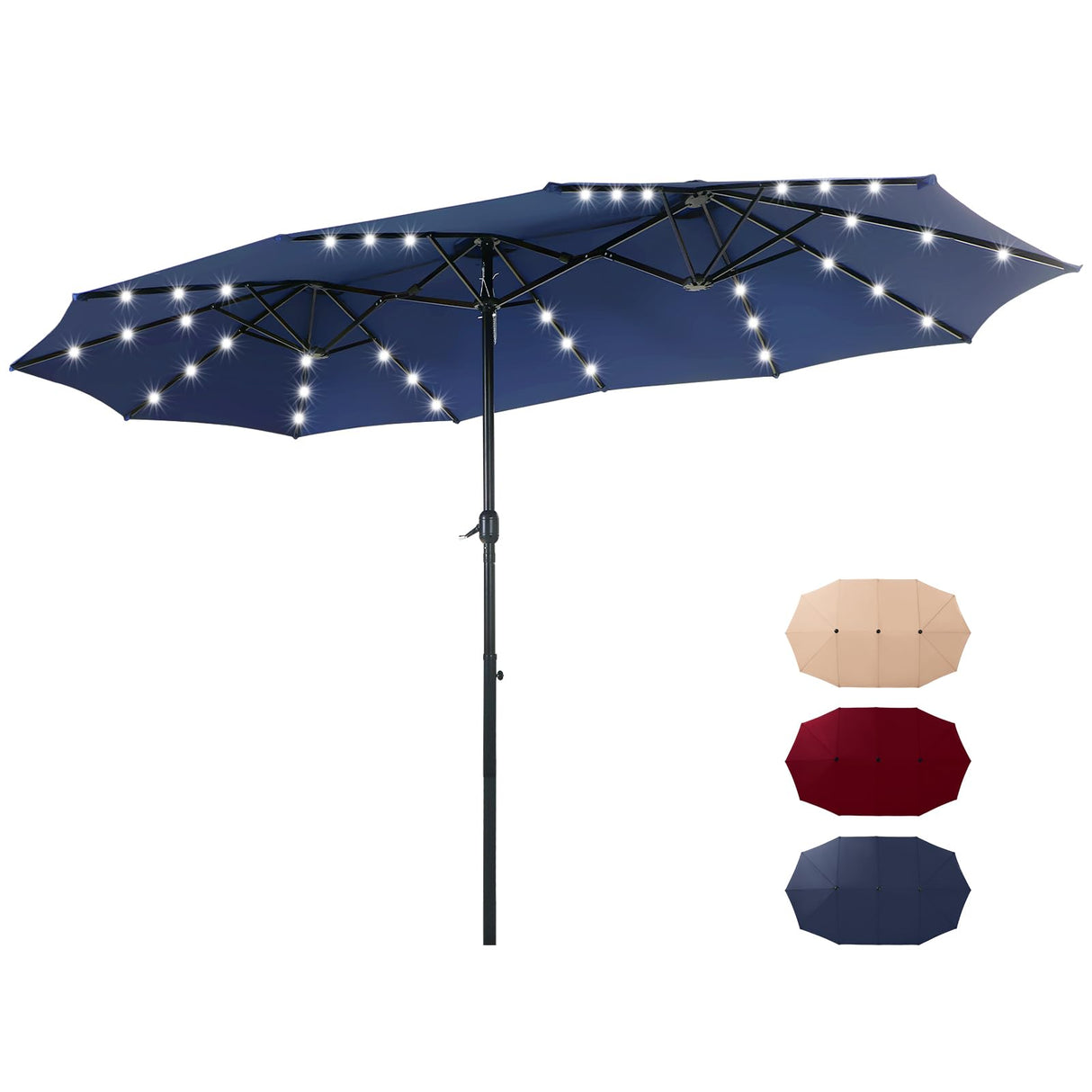 13 ft Large Patio Umbrella with Solar Lights, Double-Sided Outdoor Table Umbrella with Crank