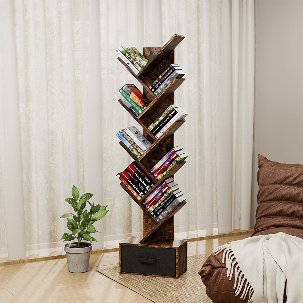 9 Tier Tree Bookshelf with Drawer, Retro Floor Standing Bookcase, Tall Narrow Bookshelves
