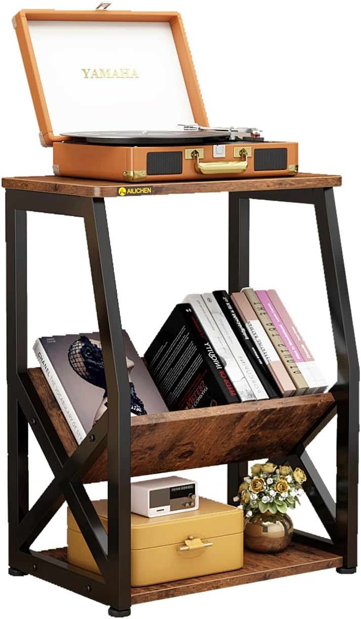 Slim Side Table with Magazine Holder,3 Tier Record Player Stand Table with Storage Shelf