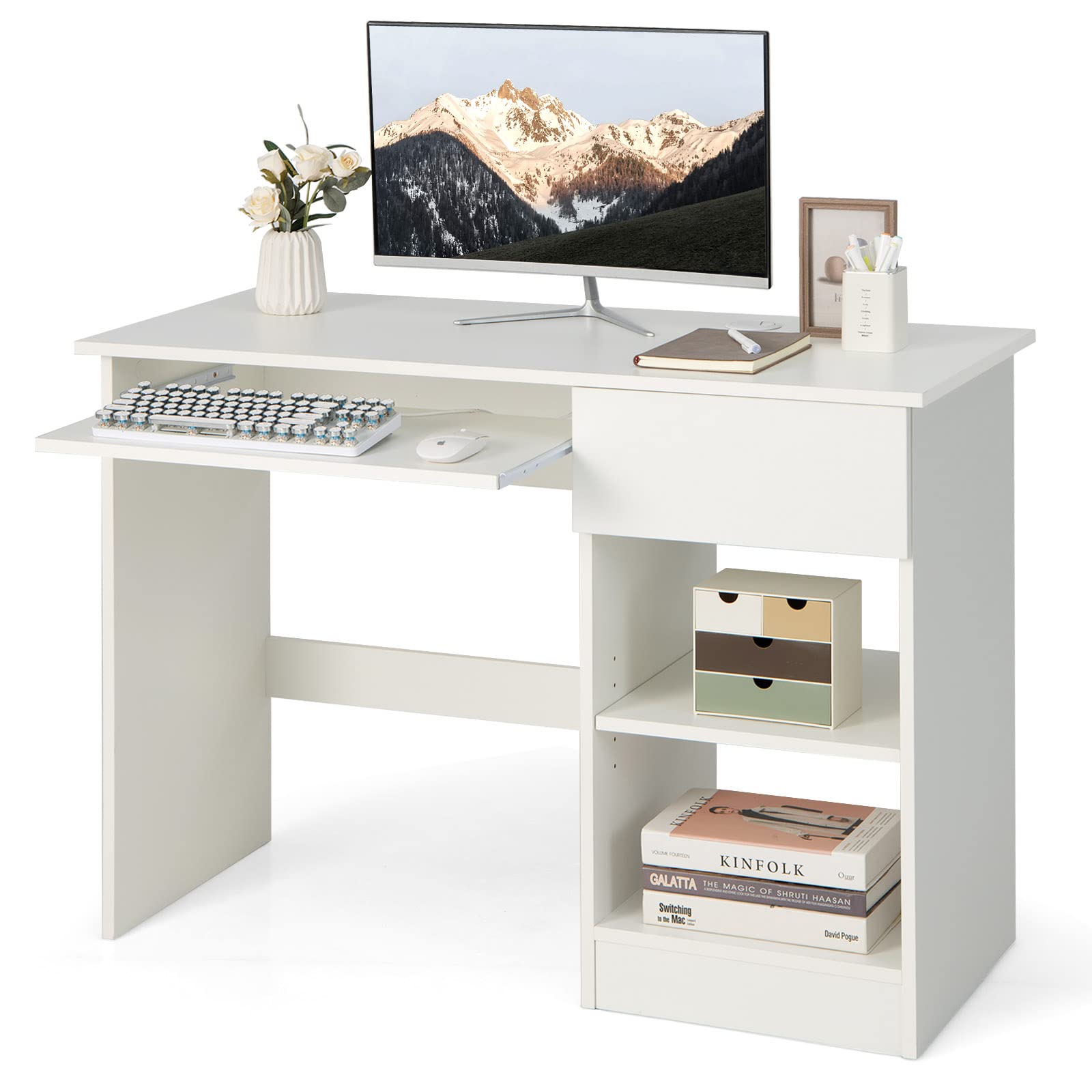 White Desk with Drawer, Wooden Computer Desk with Pull-Out Keyboard Tray & Adjustable Storage Shelves