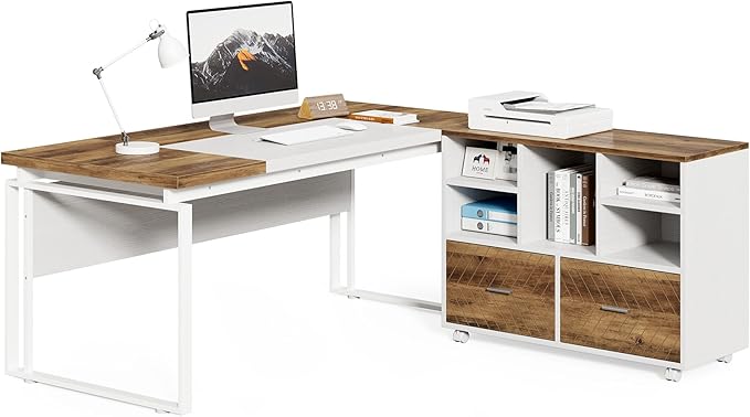 63" L-Shaped Executive Office Desk with Reversible File Cabinet, Large Modern