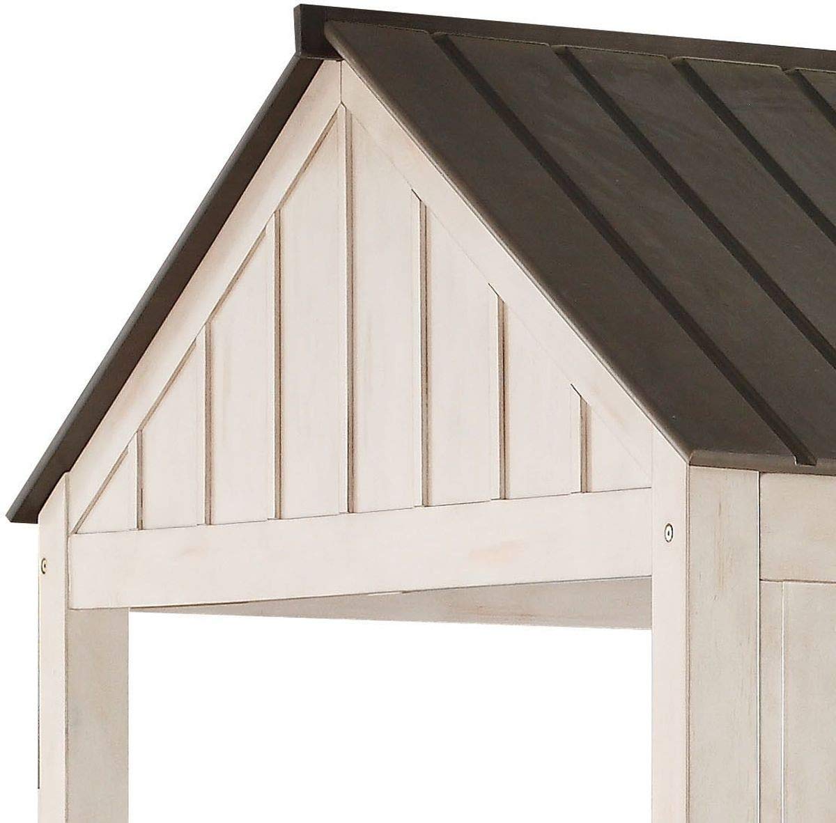 Merax Full Size Bed, Cottage Design Solid Wood Full Bed Frame, Roof Top with White Finish, Wooden Slat System,Light Brown Curtain Design, Ideal for Kids, Toddlers, No Box Spring Needed (White&Grey)