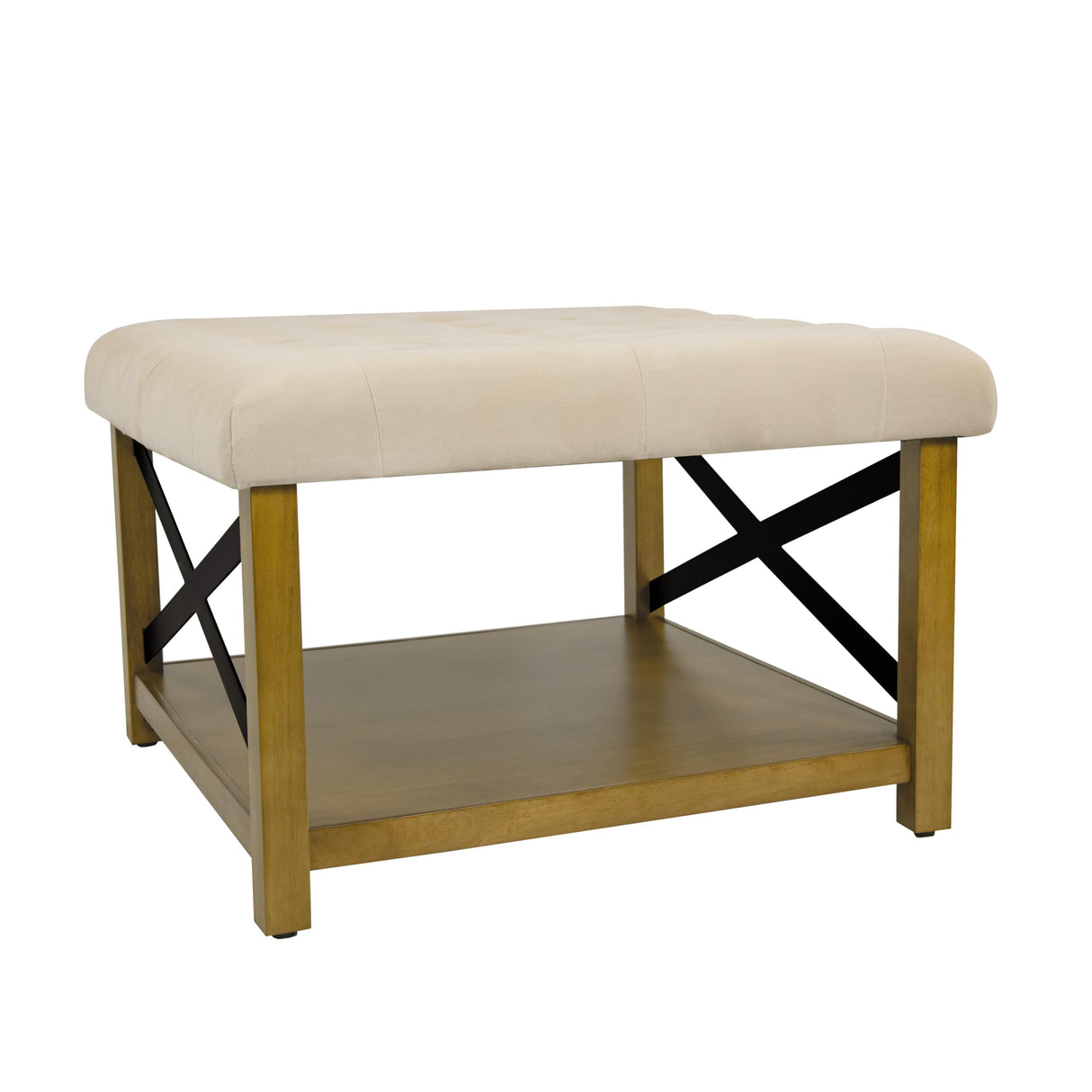 Upholstered Bench with Wood Frame and Shelf