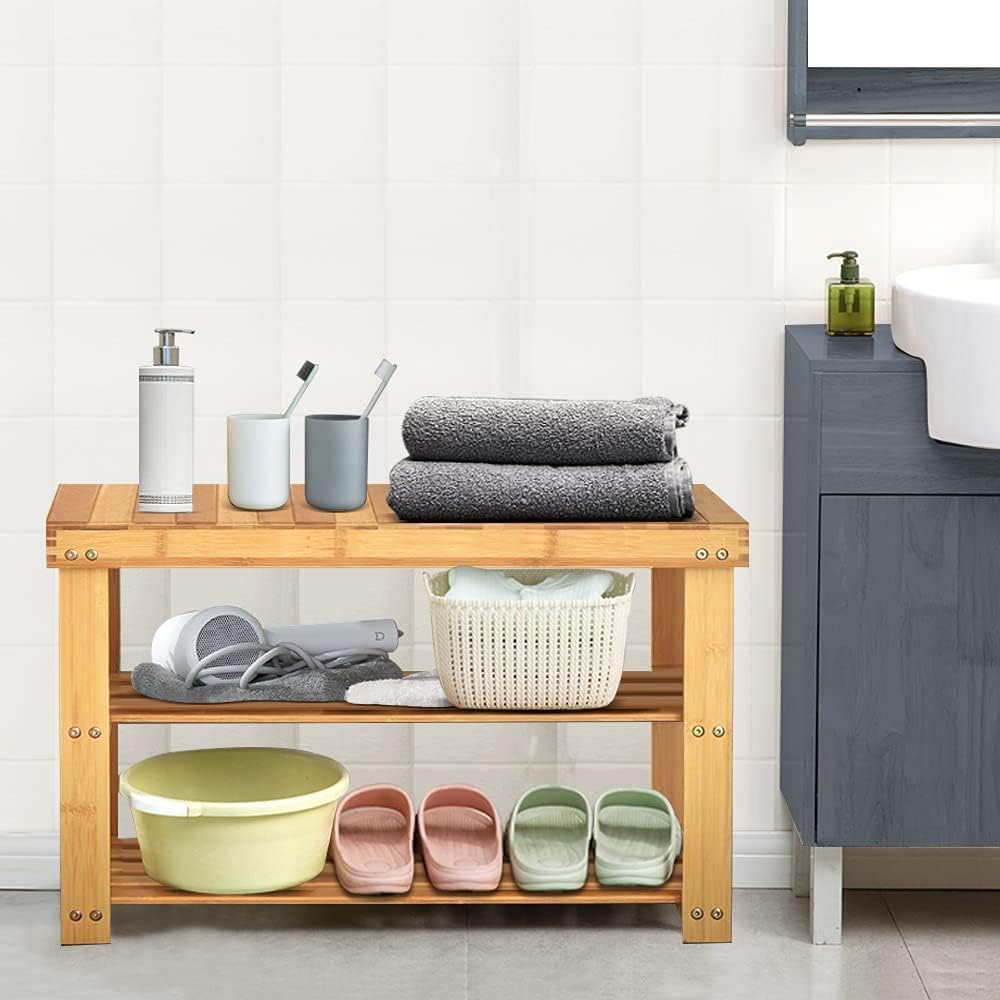 Wood Shoe Rack Bamboo Shoe Rack for Entryway Bench