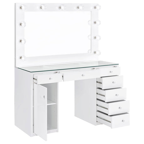 Coaster Home Furnishings Acena Contemporary 2-Piece 7-Drawer Makeup Vanity Desk for Bedroom with Hollywood Vanity Mirror with Storage Cabinet White High Gloss 931143