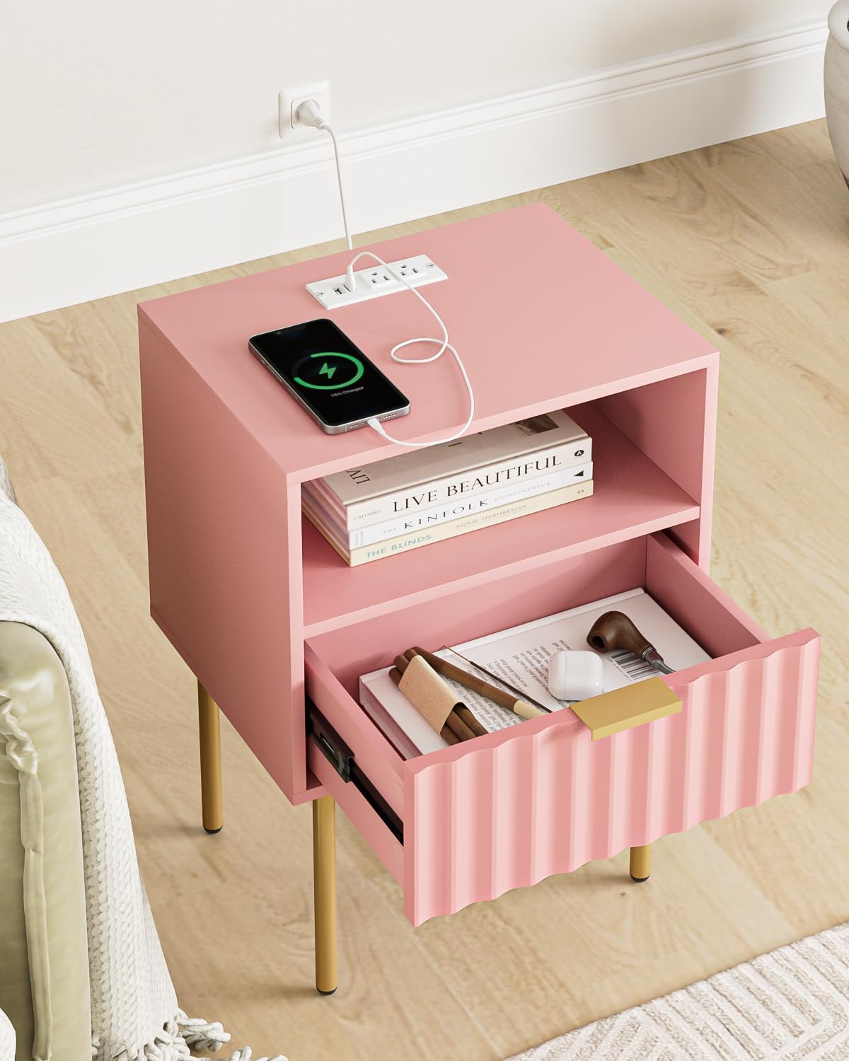 Night Stand with Charging Station, Fluted Bedside Table with Gold Frame