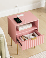 Night Stand with Charging Station, Fluted Bedside Table with Gold Frame