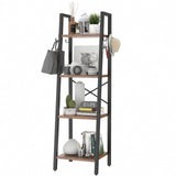 4 Tiers Ladder Bookcase, Industrial Narrow Bookshelf, Open Display Rack with 4 S Hooks, Metal Storage Shelves for Bedroom, Home Office, Living Room, Rustic Brown, 49.2H*13.4L*11.8W, UHBC024H