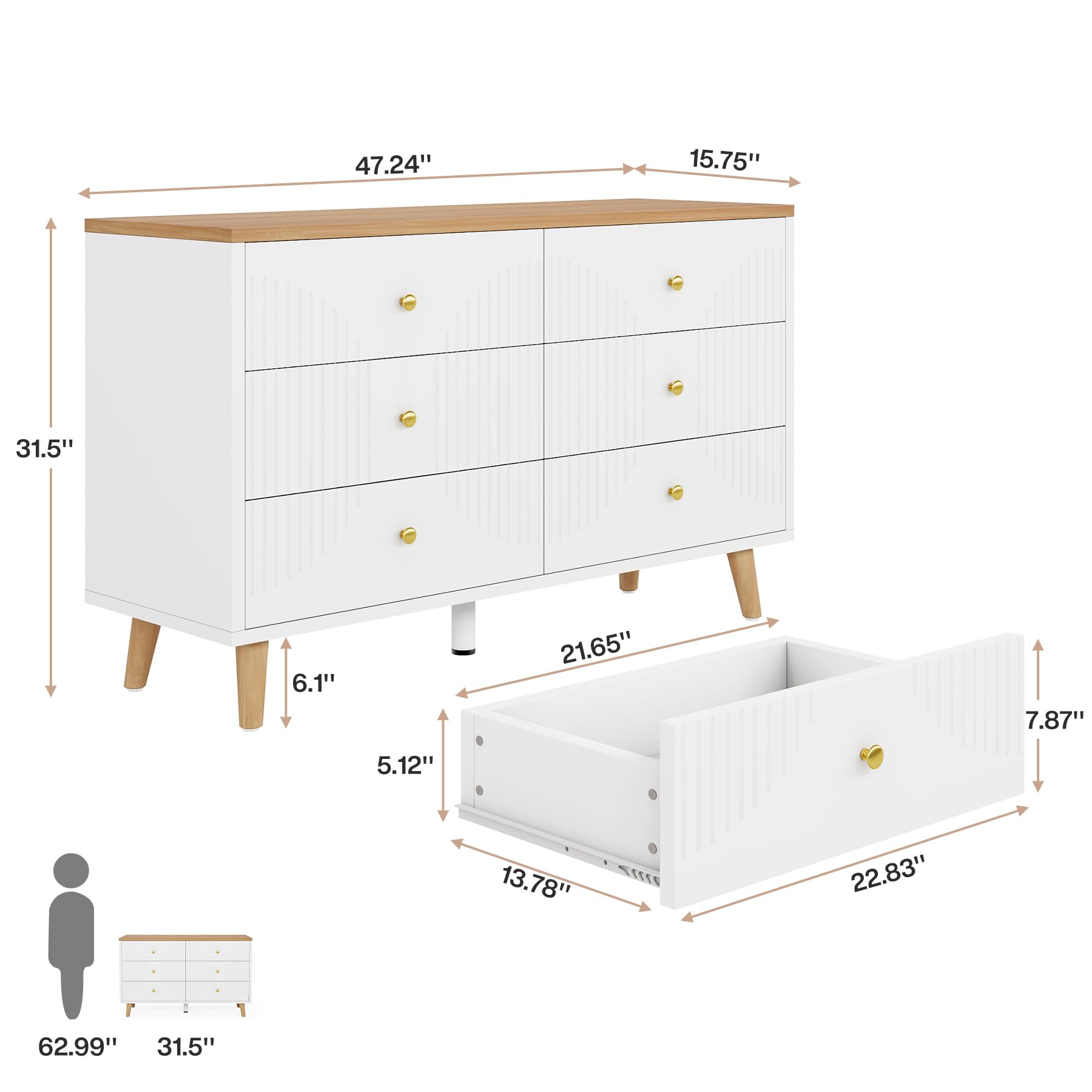 6 Drawer Dresser, 47 inch Modern White Dresser for Bedroom