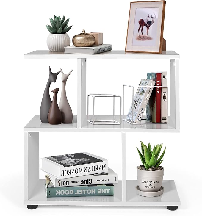 3-Tier Geometric Bookshelf, 24" Tall Wood S-Shaped Display Shelves with Thick Foot Pads, Freestanding Open Shelves Nightstand, Floor Standing Display Shelf Bookcase, Black