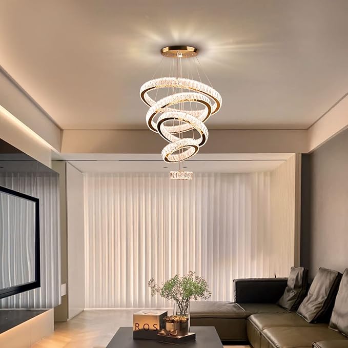 LED Big Crystal Chandeliers Modern 5 Rings Pendant Light Adjustable Ceiling Light