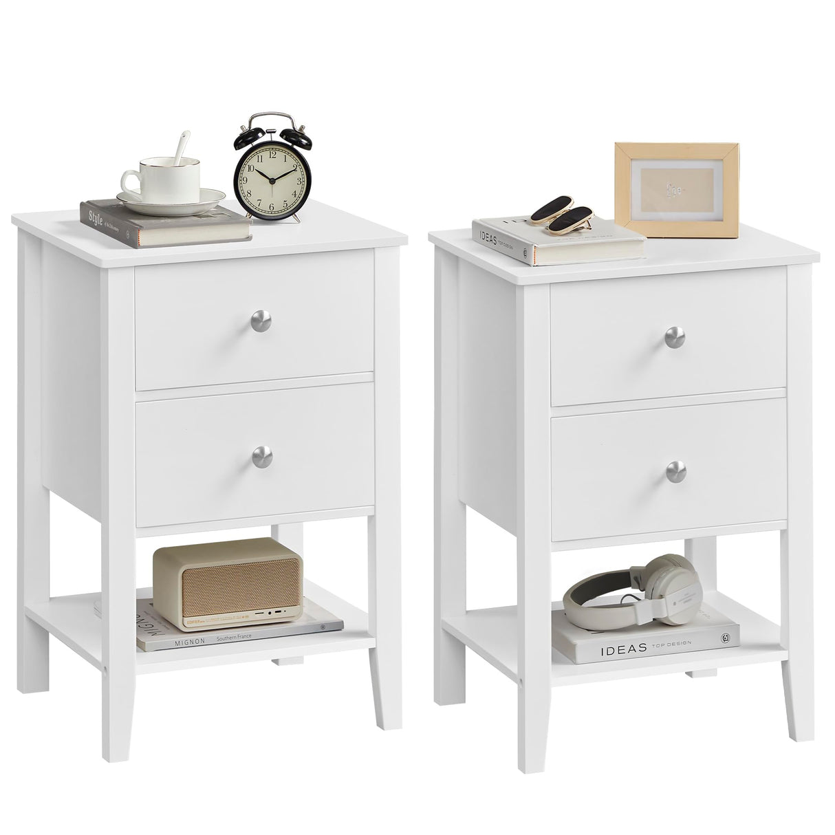 VASAGLE Bamboo Nightstands Set of 2, Bedside Tables, Side End Tables with 2 Storage Drawers and Open Shelf, Minimalist Style, for Bedroom, Couch, Cloud White ULET822W01V1