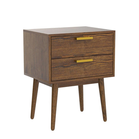 DG Casa Ives Easy Assembly Mid Century Modern Bedroom Nightstand Accent Bedside Table with Two Drawers on Ball Bearing Drawer Slides - Night Stand in Walnut & Gold Drawer Pulls