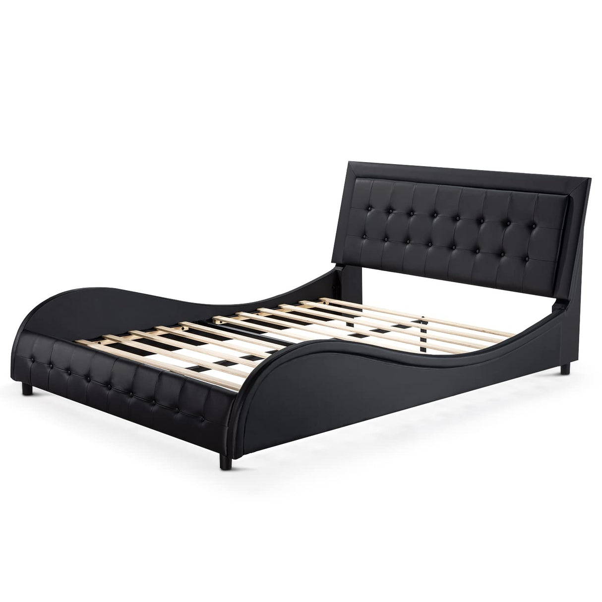 Queen Size Box-Tufted Platform Bed Frame/Faux Leather Upholstered Bed Frame