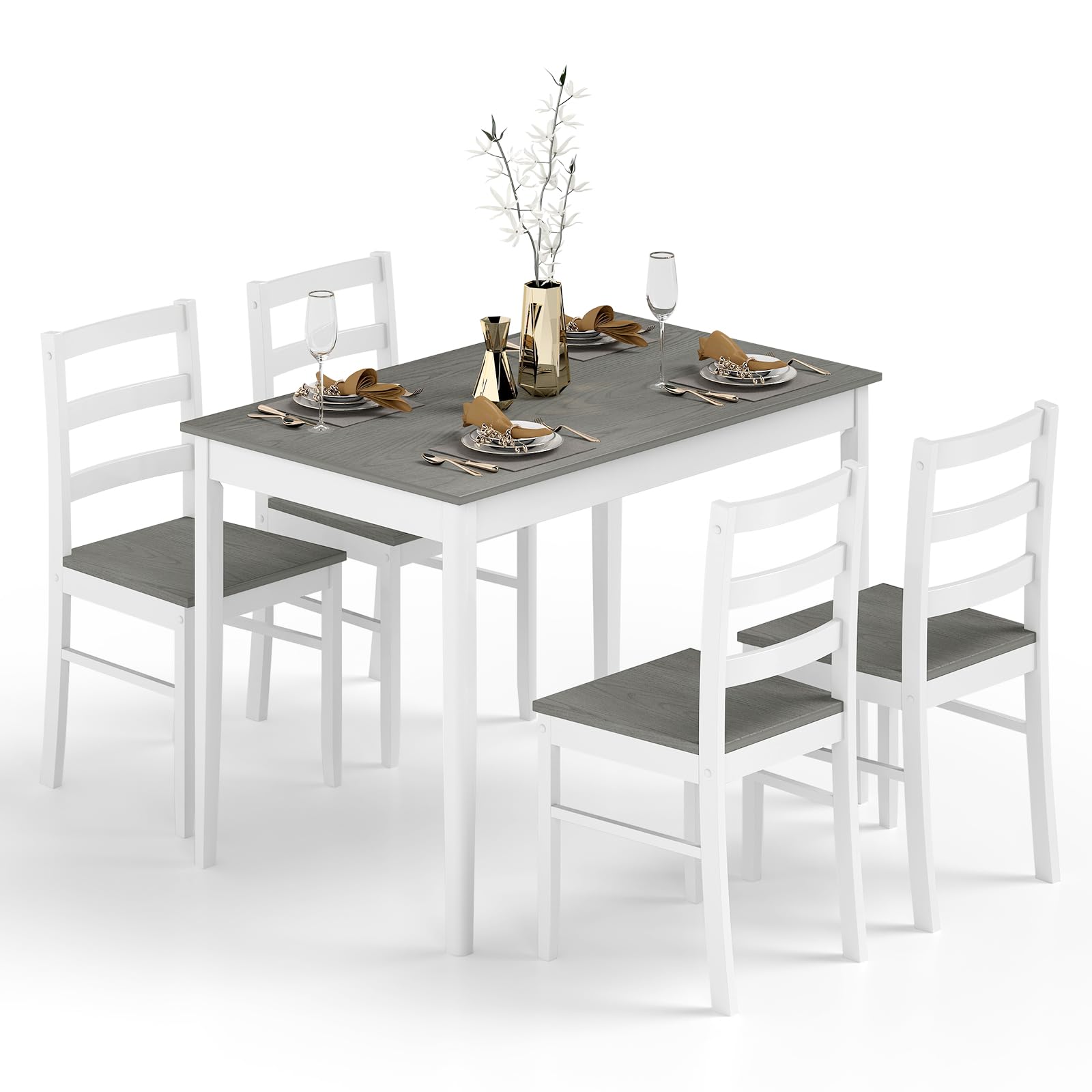 5-Piece Farmhouse Dining Set - Grey Wood Table & Chairs