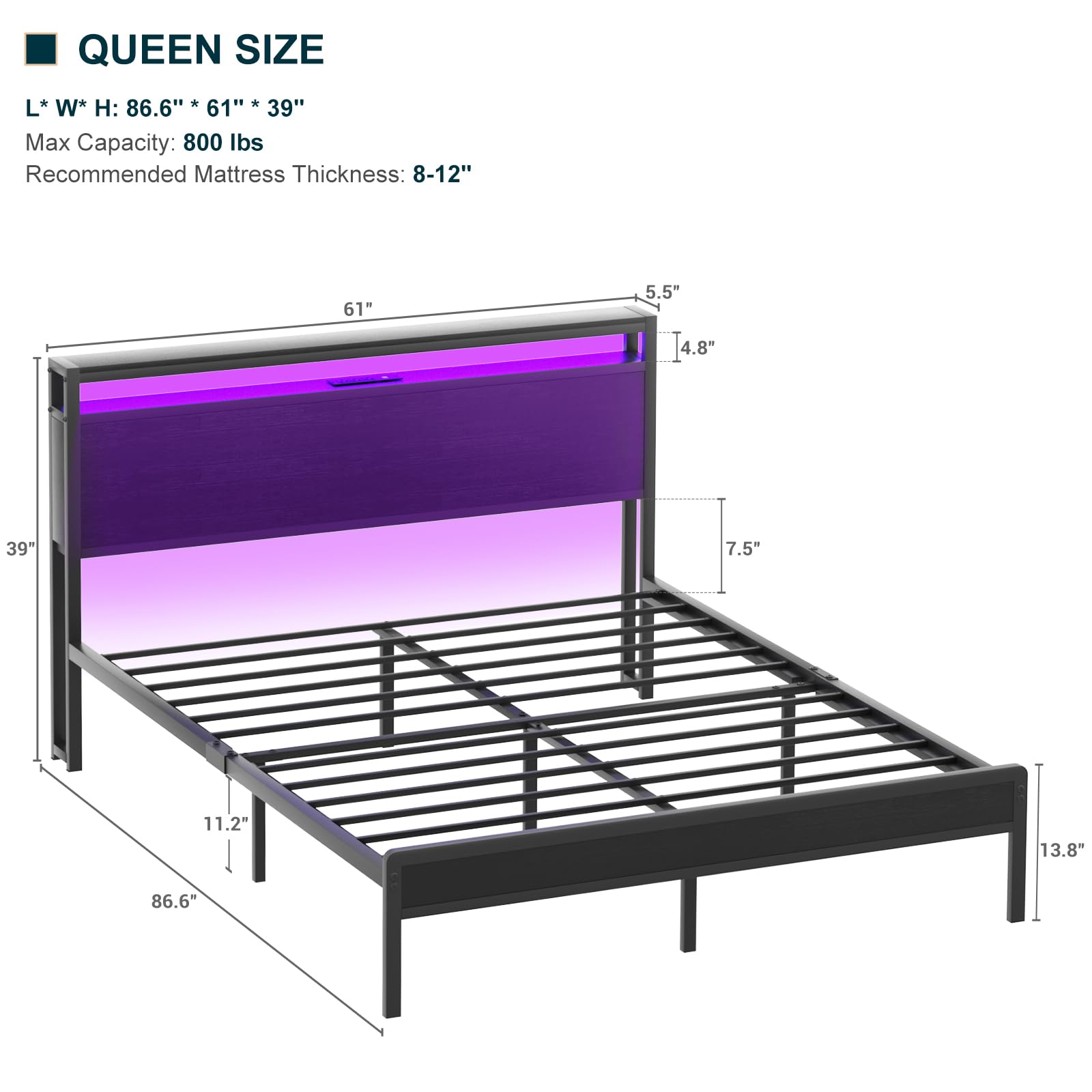 Queen Size Bed Frame with Charging Station and Led Lights, Industrial Metal Platform Bed with Storage Headboard, Steel Slat Support, No Box Spring Needed, Noise-Free, Easy Assembly, Black