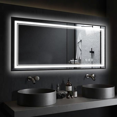 Motion Sensor LED Bathroom Mirror 40" x 32", Black Frame, Front and Backlight, Shatter