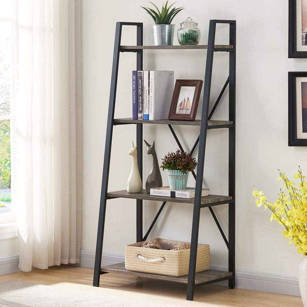 Rustic Ladder Bookshelf, 4 Tier Industrial Ladder Shelf Bookcase, Standing Leaning Book