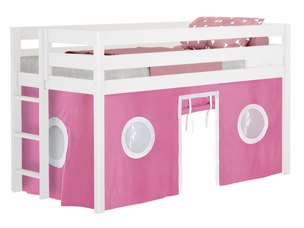 Contemporary Low Loft Twin Bed with End Ladder, White with Pink & White Tent