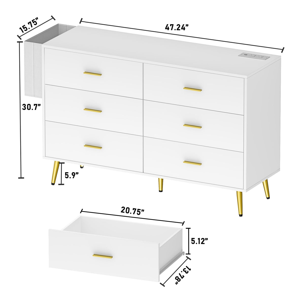 6 Drawer Dresser for Bedroom with Power Outlets, Modern Wood Dresser