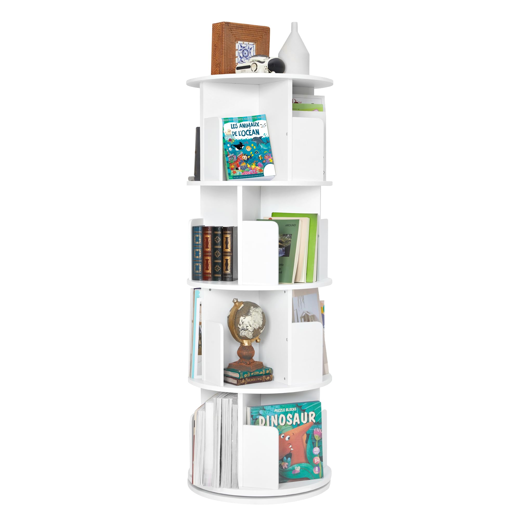 Rotating Bookshelf,Wood Corner Bookshelf 4 Tier 360 Display Spinning Bookshelf Floor Standing Bookcase White Stackable Bookshelf Storage Rack Organizer for Small Space Bedroom Living Room Study Room