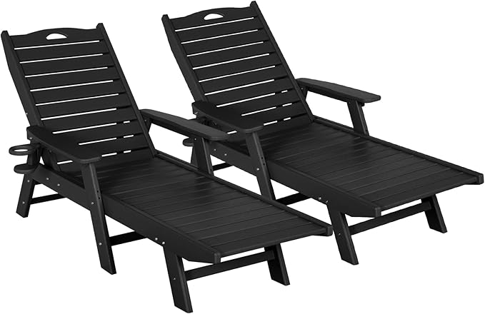 Outdoor Chaise Lounge Chair Set of 2 with Wheels & Cup Holder