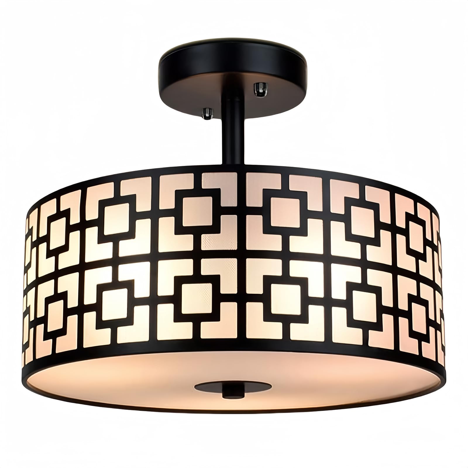 DLLT Flush Mount Ceiling Light: Modern 3-Light Semi Flush Mount Ceiling Light Fixture - Drum Kitchen Lighting Fixture for Dining Room - Black Bedroom Ceiling Lamp with Double Shade