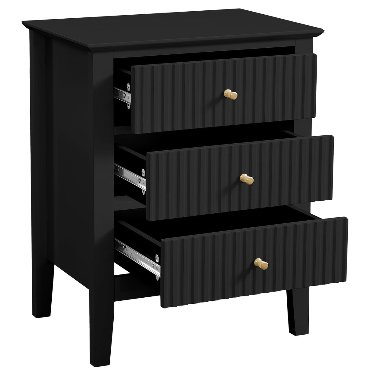 Fluted Black Nightstand 19", 3 Drawers Night Stand, Bed Side End Table for Small Living