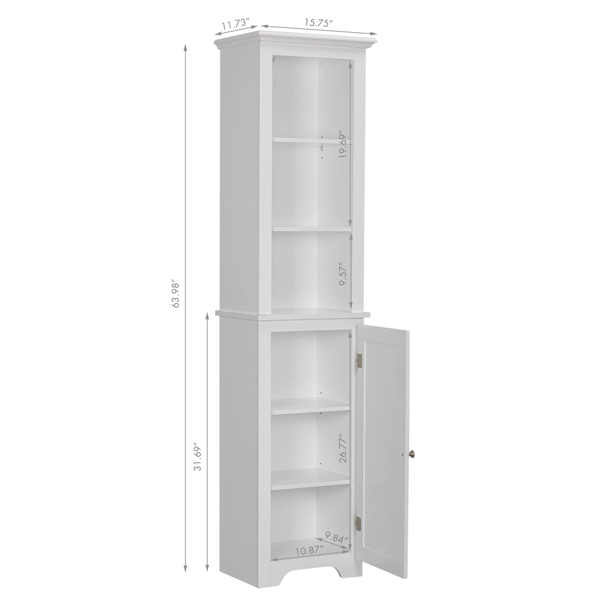 64" Freestanding Storage Cabinet, Bathroom Tall Silm Cabinet with Doors and Adjustable Shelves,